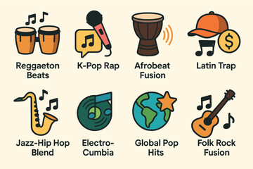 Music genre flat icons set – jazz, hip-hop, global sound symbols