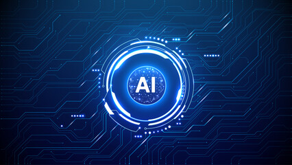 Digital AI quantum chip in a circle light neon HUD frame on circuit board tech background. Futuristic AI semiconductor concept. Abstract artificial intelligence processor with lightning elements. 