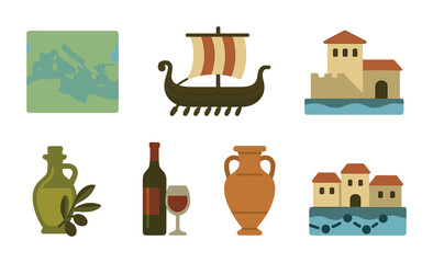 Fototapeta premium Ancient greek flat icons set – cultural, historical, mediterranean symbols