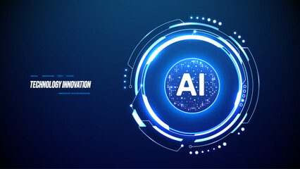 Obraz premium AI tech semiconductor. Abstract neon lightning circle portal with AI quantum chip in a center. Futuristic HUD design element. Artificial intelligence innovation concept. Digital vector illustration.
