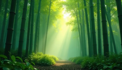 Ethereal bamboo forest, soft morning mist shrouds tall stalks, visual, wood, sunrise