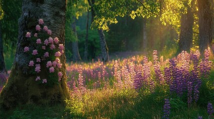 Fototapeta premium Serene Spring Meadow with Colorful Wildflowers and Sunlight Filtering Through Trees