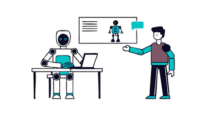 Fototapeta premium AI technology in education. Robot assist teacher by lesson. Character use artificial intelligence generative tools for learning, teaching, exam preparation, educational program. 