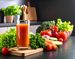 Fresh fruits placed on a kitchen counter alongside a glass of juice, set against a modern dark-toned kitchen background — a clean and natural food scene with moody lighting.