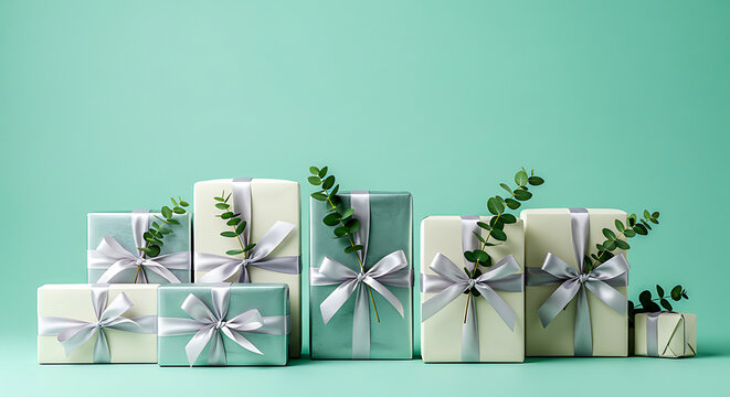 Gift Packages: An assortment of elegant gift boxes, wrapped in delicate paper and adorned with satin bows and sprigs of greenery, arranged against a calming backdrop. 