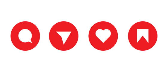 Like, comment, share, and save icon vector of social media. Love, speech bubble, paper plane, favorite sign symbol