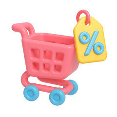 3D Shopping Cart with Hanging Discount Tag &ndash; Sale Icon in PNG
