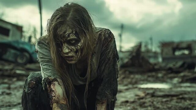 Terrifying female zombie crawls on a ruined city street, covered in blood, in a post apocalyptic scene filled with destruction and despair. halloween theme