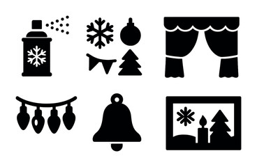 Winter holiday silhouette icons set – festive, decoration, seasonal symbols