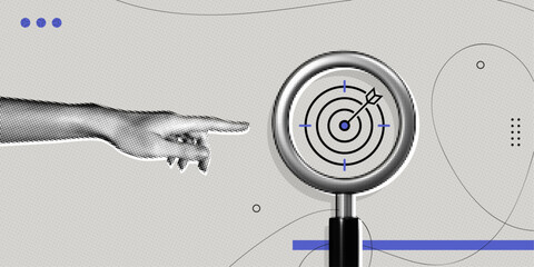 Trendy Halftone Collage Magnifying glass focuses on target. Search or analysis of business goals. Find financial strategy. Seo targeting. Contemporary vector illustration art