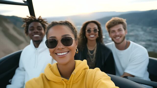 Group of friends enjoying a scenic road trip with sunset views