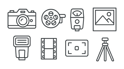 Photography and film outline icons set &ndash; camera, linear, media and imaging symbols