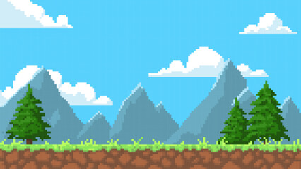 Pixel art game background with ground, mountains, fir trees, clouds on blue sky, vector 8bit video game nature landscape