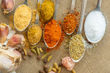 spices and seeds in spoons 