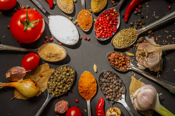 spices and seeds in spoons 