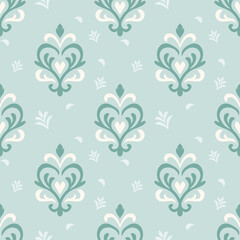 Elegant seamless damask pattern in soft pastel green tones. Suitable for fashion fabrics, interior wallpaper, stationery, and packaging design. A blend of classic baroque with modern minimal charm.
