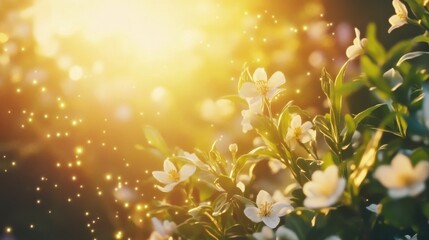 Bright Sunlight Illuminating Delicate White Flowers with Sparkling Background Effects
