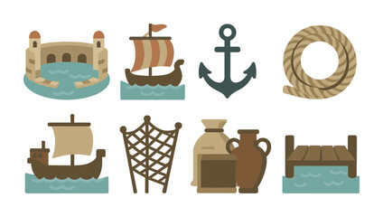 Nautical flat icons set – marine, sea, ocean-themed graphics