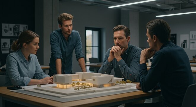 Architectural team discusses building model indoors office teamwork analysis - Powered by Adobe