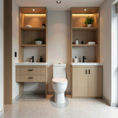 Modern minimalist bathroom with warm wood cabinetry, integrated open shelving, a white toilet centerpiece, and sleek black accents—perfect for smart, stylish home interiors.
