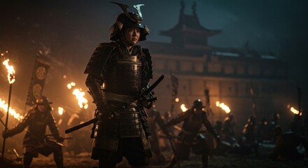 Fototapeta premium Armored samurai prepares sword during battle dark landscape night building