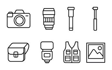 Photography equipment outline icons set &ndash; camera, lens, digital symbols for creatives