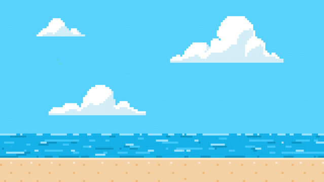 Pixel art game background with sea beach and clouds on blue sky, vector ocean horizon summer day scene 8 bit video game