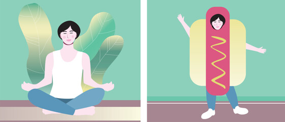 Asian person and Work Life Balance, stress management and meditation in the workplace, flat vector stock illustration