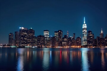 Fototapeta premium Night view of NYC skyscrapers, illuminated buildings reflecting in water , cityscape, night photography, city