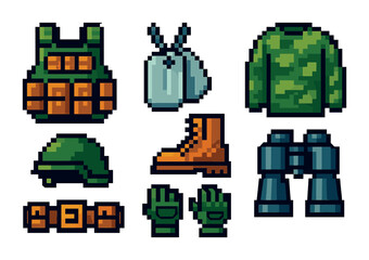 Military equipment pixel art icons set &ndash; camouflage, army, tactical gear symbols