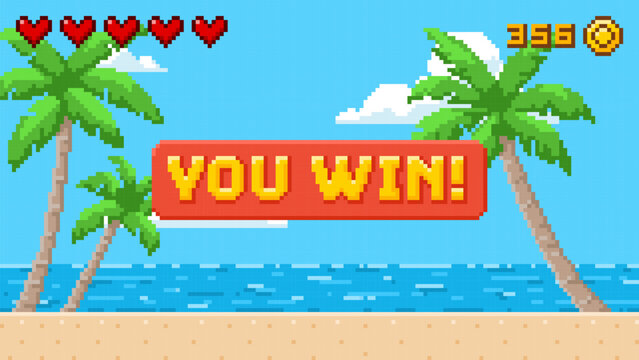 Pixel art game background with sea beach and You win message, vector ocean horizon summer day videogame coins and heart
