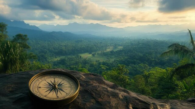 Antique Brass Compass on Rocky Outcrop Overlooking Lush Green Tropical Forest and Distant Mountains, Adventure and Exploration Concept