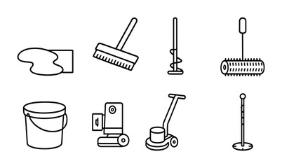Cleaning tools outline icons set &ndash; linear, line, maintenance and janitorial symbols