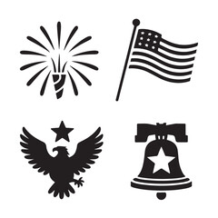 4th of July Silhouette Icons Simple Black Shapes of Fireworks Flag Eagle Star and Liberty Bell