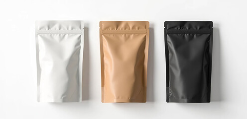 Three standing pouch on white studio background, with soft natural lighting. Perfect for eco-friendly packaging and product mockup.