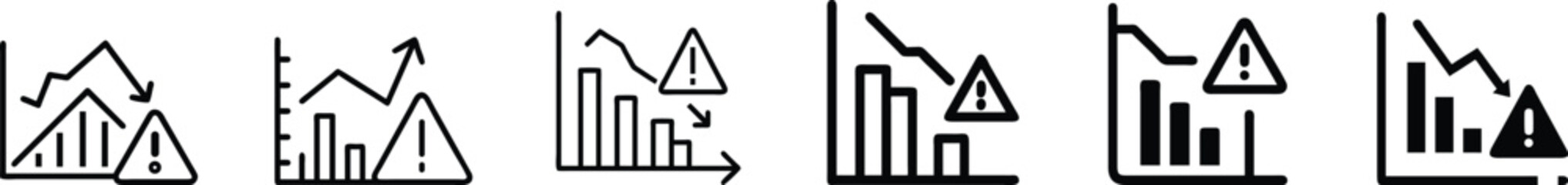 chart with waring sing, caution sign, Chart Icon with Alert Warning Symbol and Downward Arrow Representing Risk Optimization, Financial Loss icon, Business Hazard Management, Market Crisis Control, 