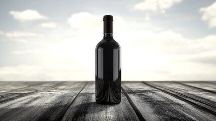 Elegant Wine Bottle on a Wooden Table Under a Cloudy Sky