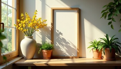 Warm interior, plants, vase, framed print, window view , design, cozy, natural