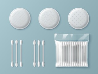 White cotton pads with waffle, zigzag, dotted embossed textures, ear swabs and plastic bag mockup. 3d realistic round cosmetic sponges, buds and clear packaging for health and skin care concept. © klyaksun