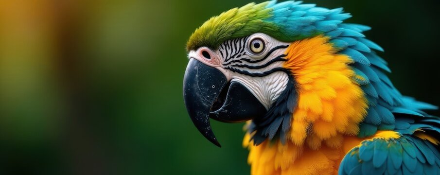 Close-up of macaw's head and colorful plumage, parrot, wildlife