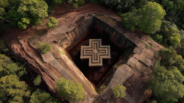 Aerial View of Bete Giyorgis:  A breathtaking aerial view reveals Bete Giyorgis, a rock-hewn church in Lalibela, Ethiopia, nestled within a square pit carved into the earth.