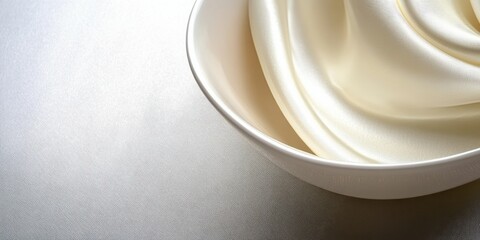 Obraz premium Elegant Cream Silk Fabric Draped in White Bowl Soft Texture Background art pale shiny waves curvy