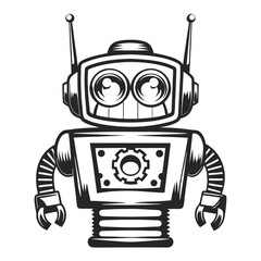 Fototapeta premium Retro Robot Illustration: Monochrome Vector Design Featuring a Gear Icon and Antennae 