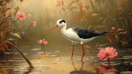 Obraz premium A black long-legged bird wades through the shallow waters of a wetland, background wallpaper AI generated image