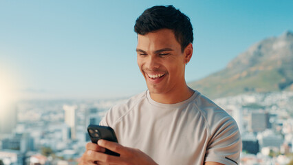 Happy man, fitness or typing with phone in nature for social media, workout app or connection. Active, male person or user with smile on mobile smartphone for network, exercise or health and wellness