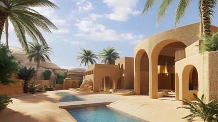 Fototapeta premium 3d printed hotel in a desert oasis featuring cooling technology and elegant sand colored walls Palm trees and pools surround the structure creating a luxurious retreat in arid terrain