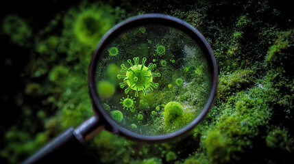 A magnifying glass showing green virus cells against a green background with dark vignette edges