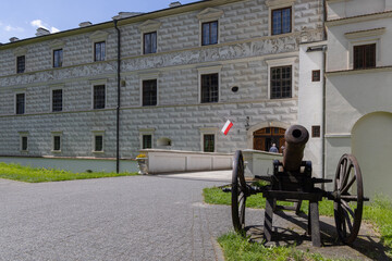 Old cannon near Royal Tower and entance gate to Krasiczyn Castle, Poland