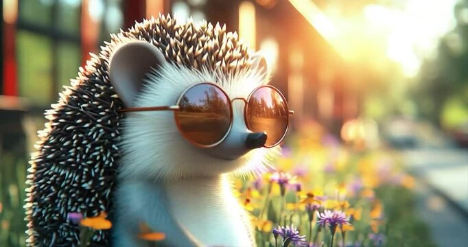 Cute hedgehog in sunglasses among flowers