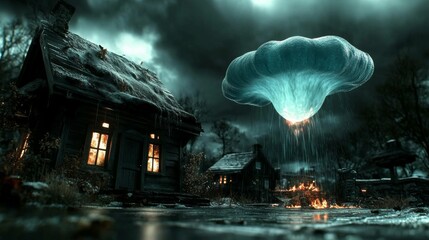Eerie scene of a stormy night with a glowing mushroom cloud over a dark village